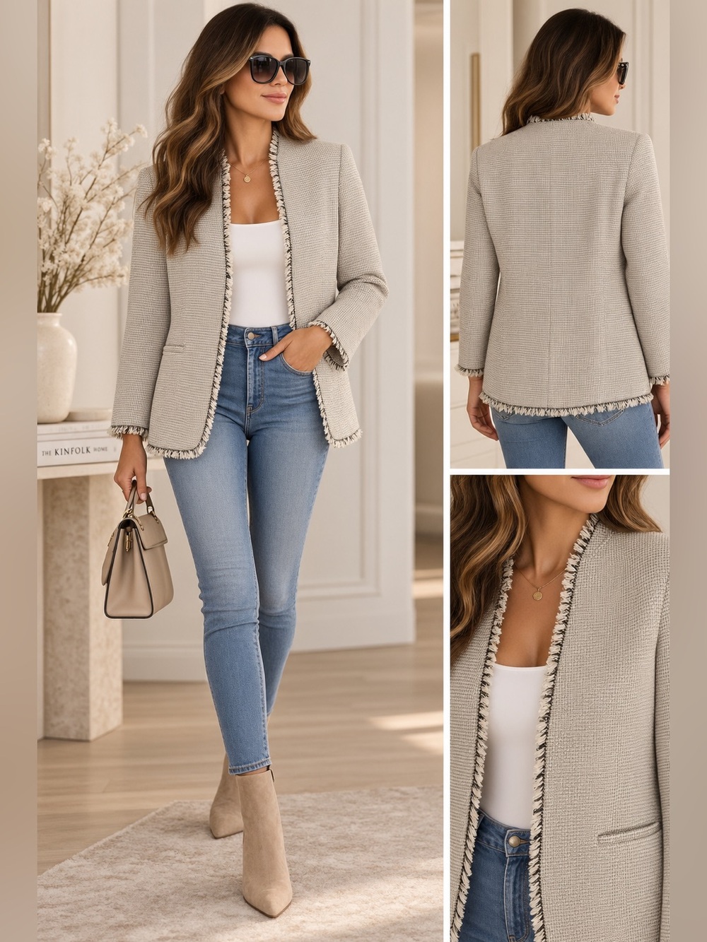 Ann Taylor Cream Fringe-Trim Tweed Women Blazer Jacket 🍁✨